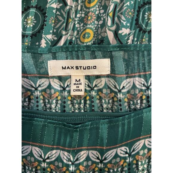 Max Studio Boho Handkerchief Blouse M Emerald Green Gold Smocked Hem Artsy Retro - Picture 4 of 14